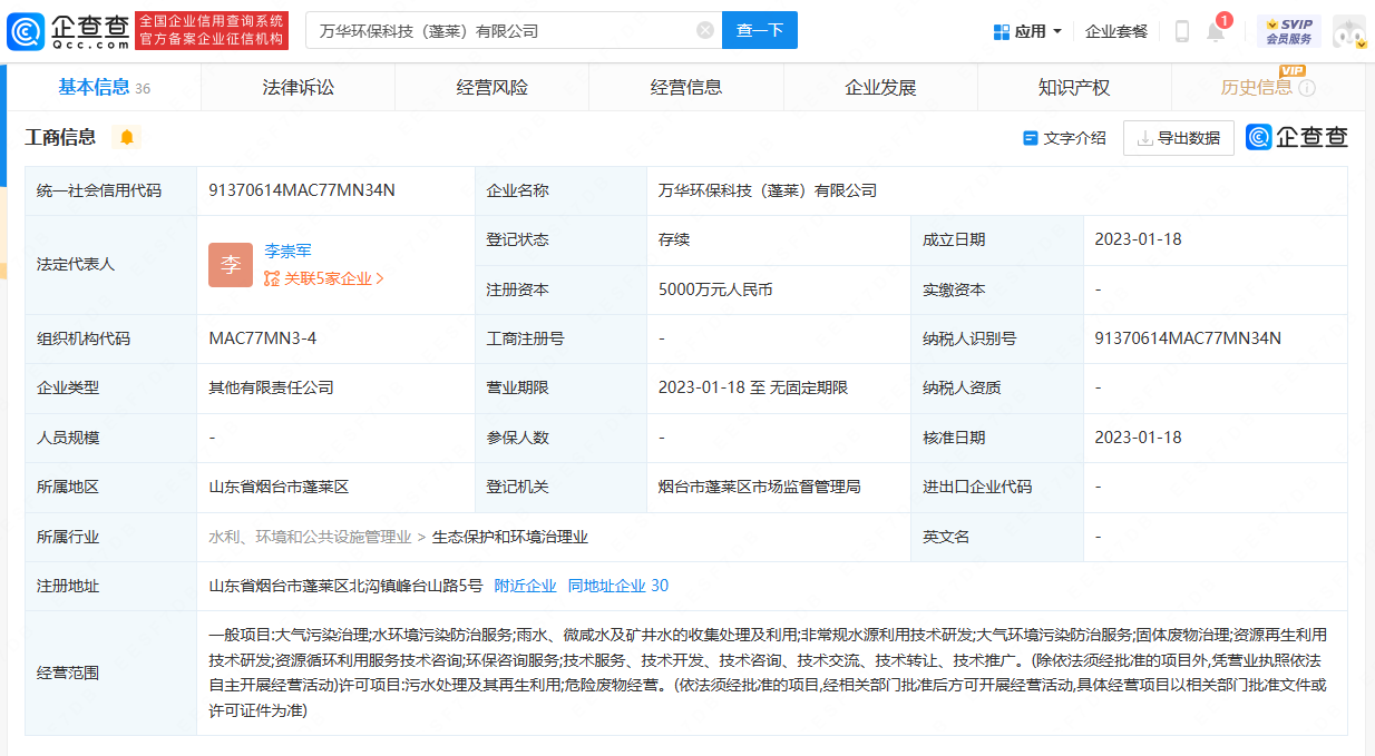 万华化学成立环保新公司